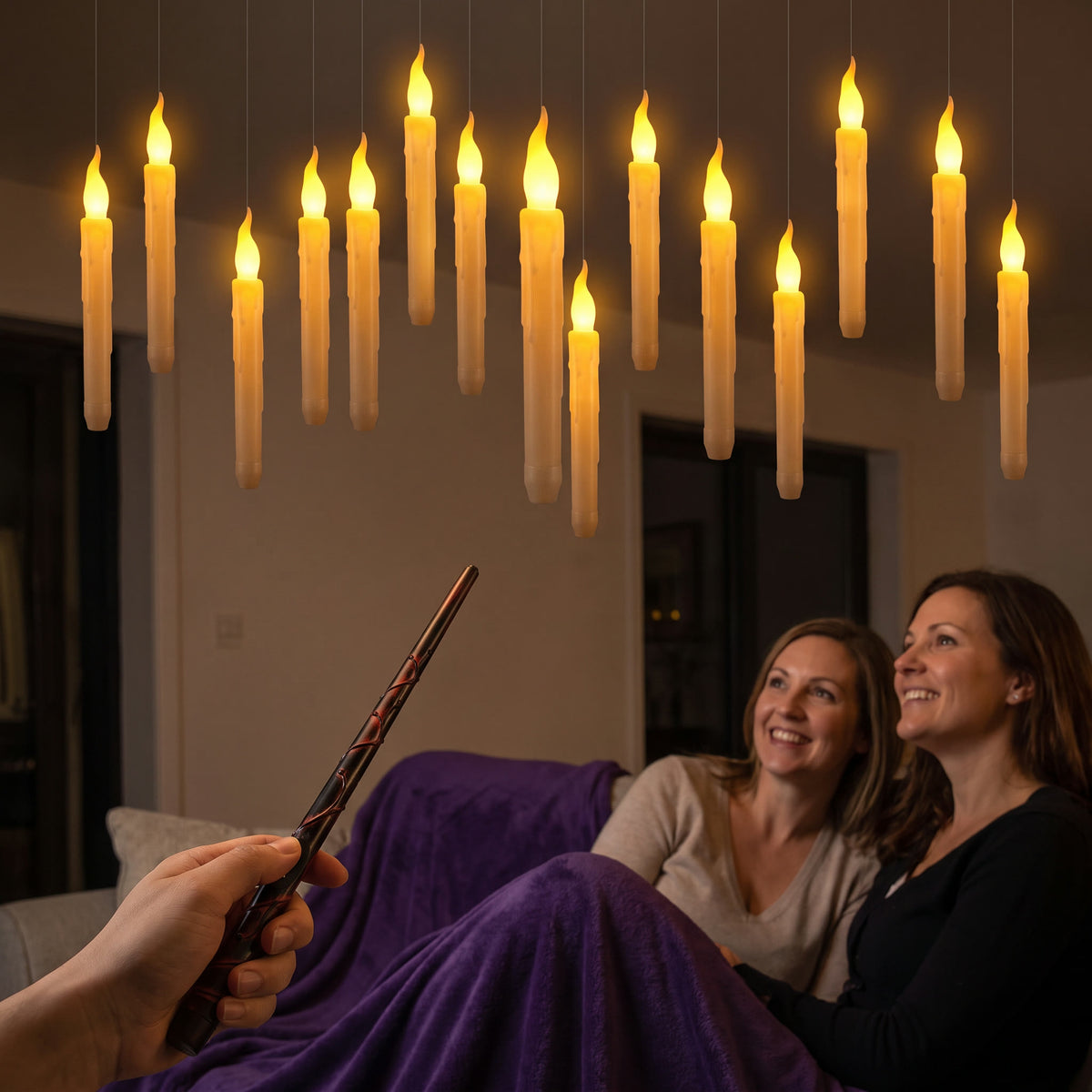 Floating candles lit with the wand in a living room